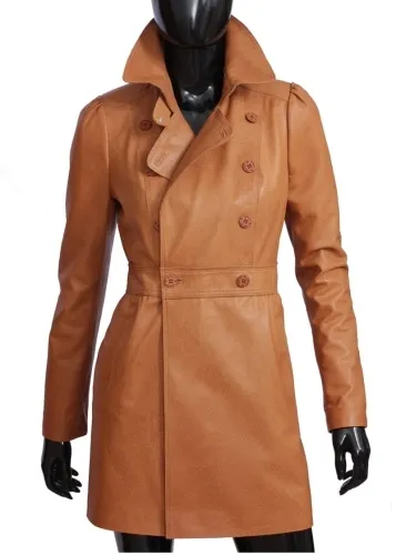 ELZ079 - camelowy płaszcz damski skórzany z szerokim kołnierzem DORJAN