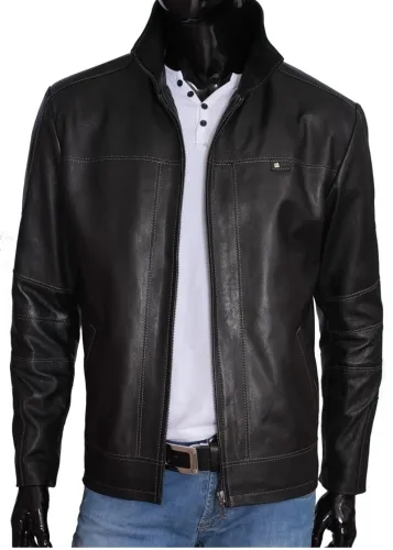 PAO950_1 - Czarna kurtka skórzana męska szyta jasną nicią DORJAN