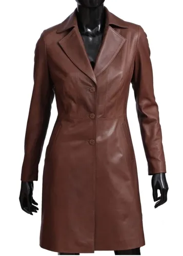 KLA117 - Klasyczny płaszcz skórzany damski z brązowej skóry DORJAN