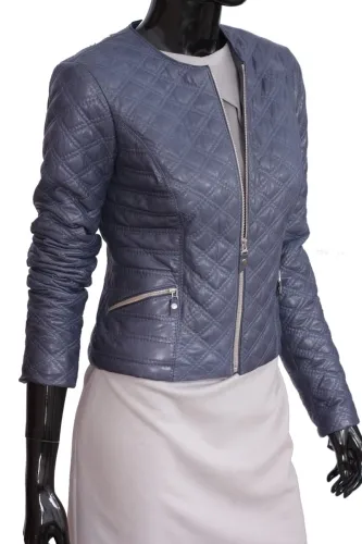 IZA101 - niebieska kurtka skórzana damska pikowana w romby DORJAN