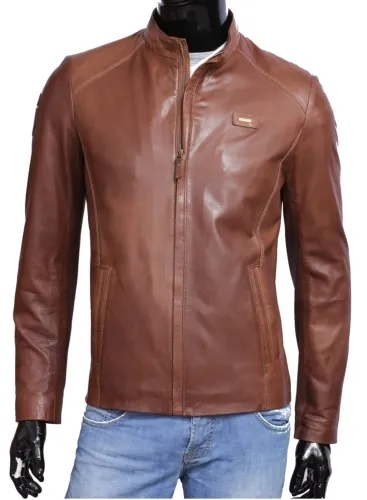 VIT218_2 - Brązowa kurtka skórzana męska na co dzień DORJAN