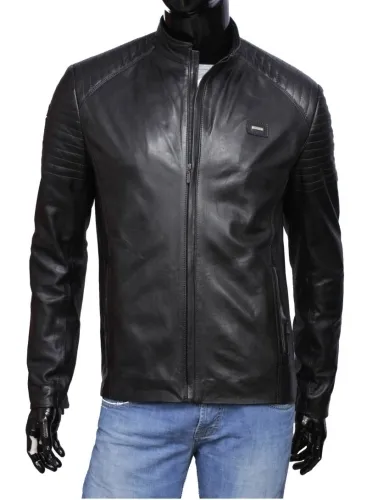 VIT450_3 - Czarna kurtka skórzana męska w casualowym stylu DORJAN