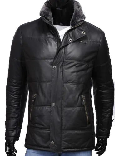 BRU451 - Długa pikowana kurtka skórzana męska na jesień i zimę DORJAN