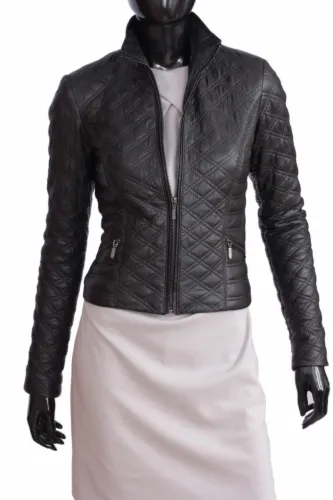 NIN450 - czarna kurtka skórzana damska pikowana w romby DORJAN