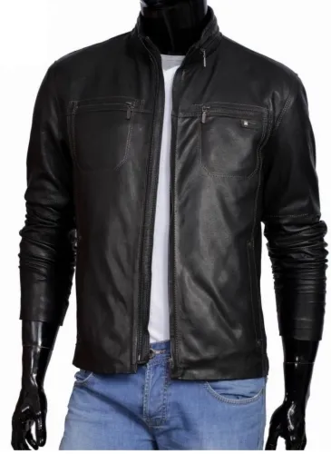 OLG950_2 - Skórzana kurtka męska z zapinanymi kieszeniami DORJAN
