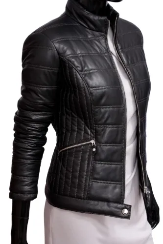 PAT450 - czarna kurtka skórzana damska pikowana z ociepleniem DORJAN