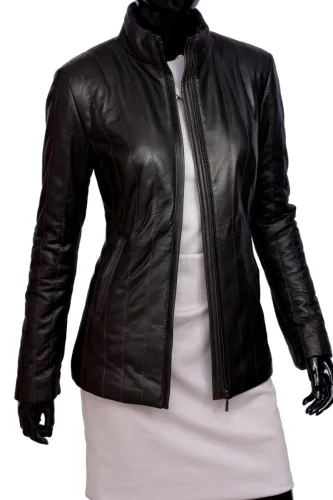 AML450 - długa kurtka skórzana damska pikowana czarna DORJAN