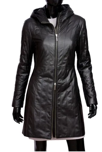 ANG450_2 - czarny płaszcz pikowany damski ze skóry z kapturem DORJAN
