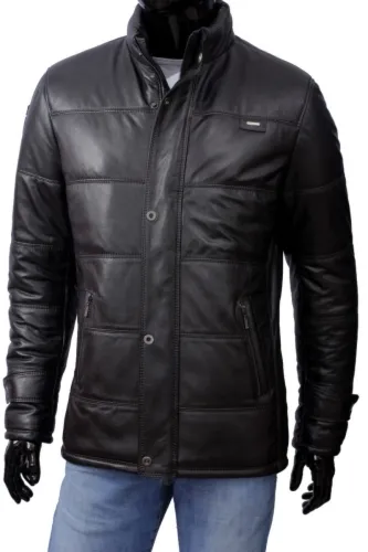 BRU450_1 - Ciepła kurtka skórzana męska pikowana na zimę DORJAN