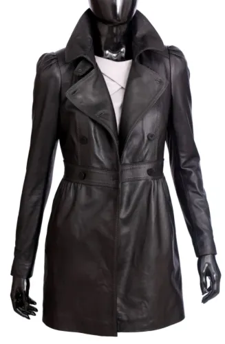 ELZ450 - czarny płaszcz skórzany damski dwurzędowy na guziki DORJAN