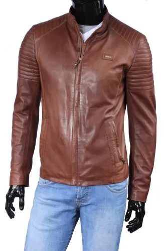 VIT218_3 - Kurtka skórzana męska w kolorze naturalnego brązu DORJAN