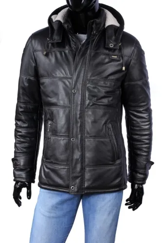 BRU450_3 - Pikowana kurtka skórzana męska z kapturem DORJAN
