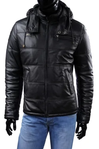 FRA450_2 - Ocieplona kurtka skórzana męska z kapturem DORJAN