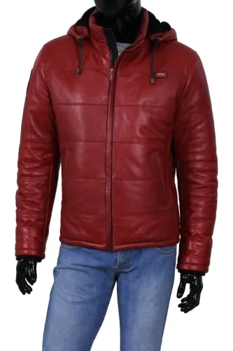 FRA467 - Ciepła czerwona kurtka skórzana męska z kapturem DORJAN