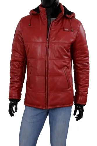 FRAL467 - Czerwona ciepła kurtka skórzana męska z kapturem DORJAN