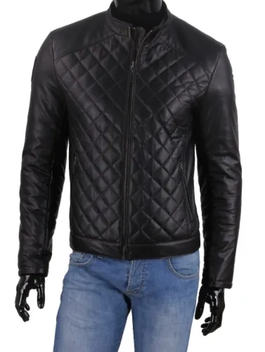 HUB450 - czarna męska kurtka skórzana typu biker pikowana DORJAN
