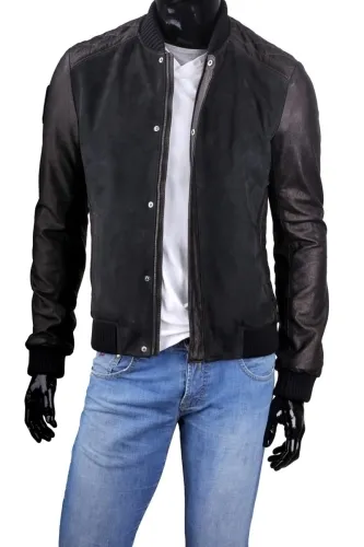SWE400 - Zamszowa kurtka szwedka męska z czarnej skóry DORJAN