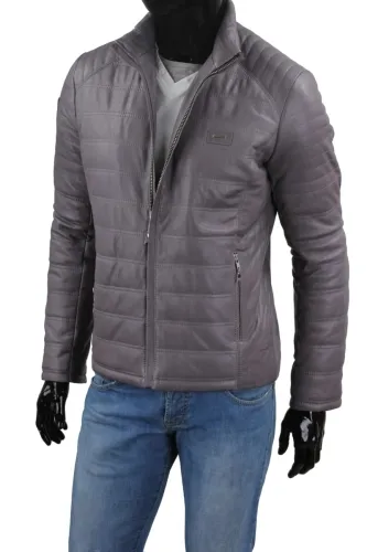NIK102 - Funkcjonalna kurtka skórzana męska w szarym kolorze DORJAN