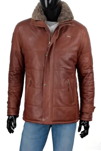 BRU216 - Brązowa kurtka skórzana męska pikowana z ociepliną DORJAN