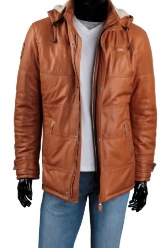 BRU078 - Camelowa kurtka skórzana męska pikowana na zimę DORJAN