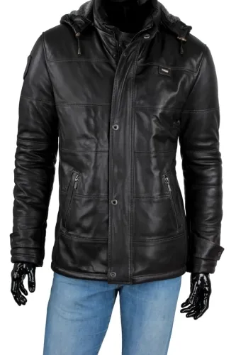 BRU450_4 - Zimowa kurtka skórzana męska pikowana z kapturem DORJAN