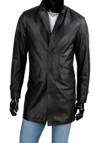 ERK450_2 - Czarny płaszcz męski skórzany jednorzędowy DORJAN