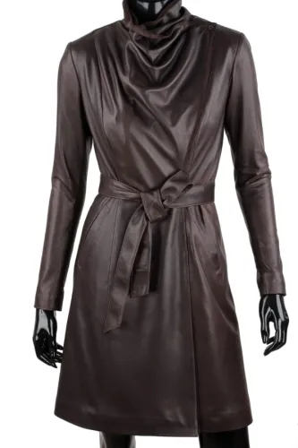 EST123 - brązowy płaszcz skórzany damski z szerokim szalem DORJAN