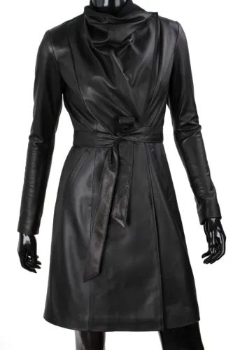 EST450 - czarny płaszcz skórzany damski z szalowym kołnierzem DORJAN