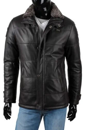 BRU017 - Pikowana kurtka skórzana męska z czarnej skóry owczej DORJAN
