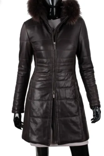 ANG123 - brązowy płaszcz skórzany ocieplany damski z lisem DORJAN