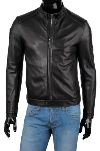 RAM450 - Casualowa kurtka skórzana męska w czarnym kolorze DORJAN