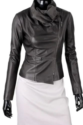 LEN450 - kurtka skórzana damska z asymetrycznym zapięciem DORJAN