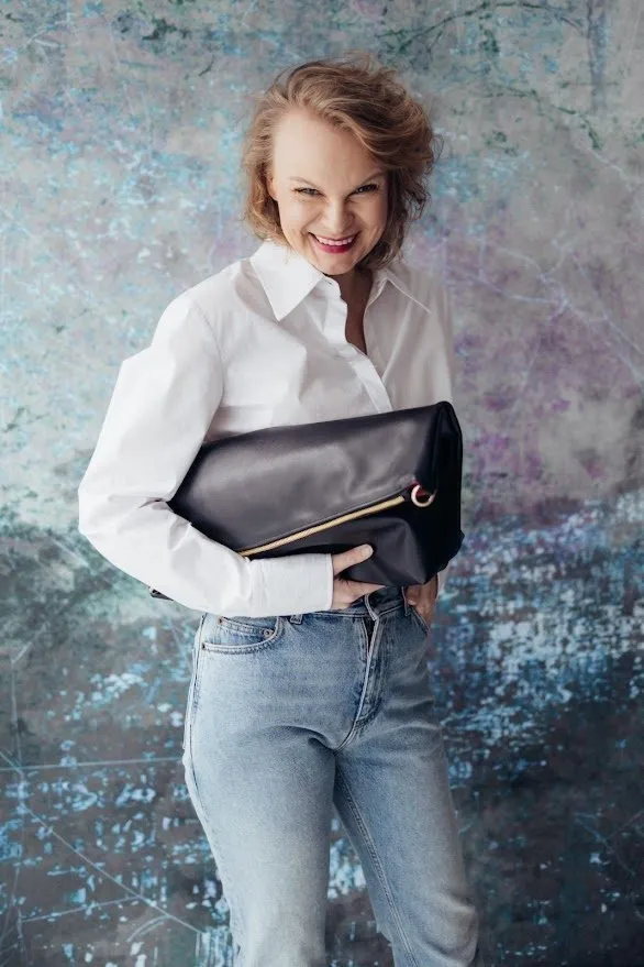 OSA x NASHE - duża skórzana torebka - czarna gładka - TRZY PASKI