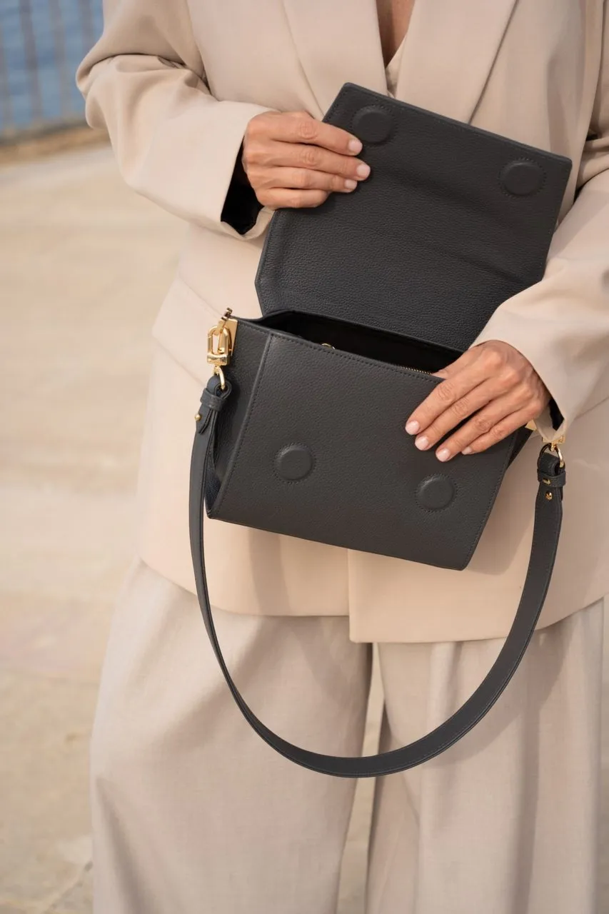 SWITCH BOX - skórzana torebka - grafit - Złoto, wersja z jedwabną szarfą 78cm