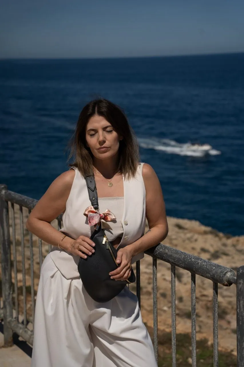 BEANIE BAG MAXI - skórzana nerka - grafit - wersja z jedwabną szarfą 78cm