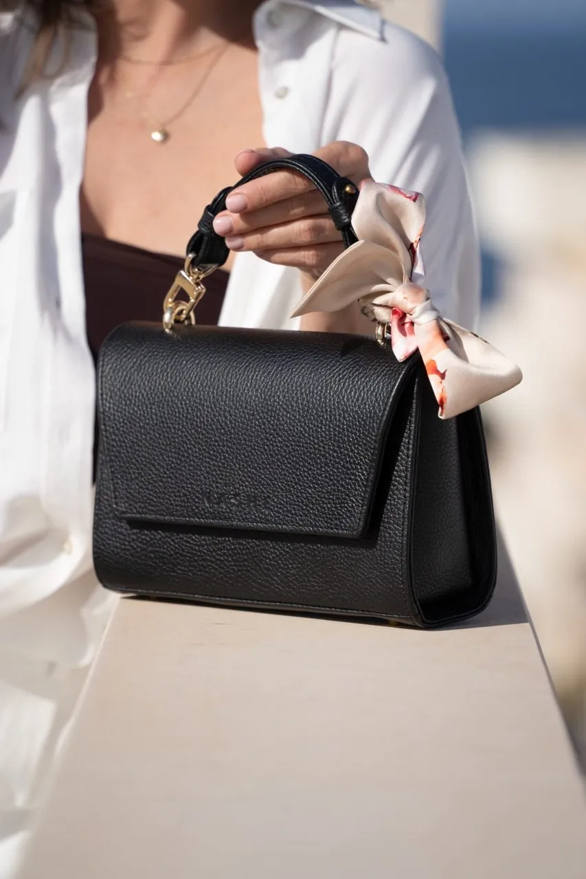 CANDY BAG - skórzana torebka - czarna - Złoto, wersja z jedwabną szarfą 78cm