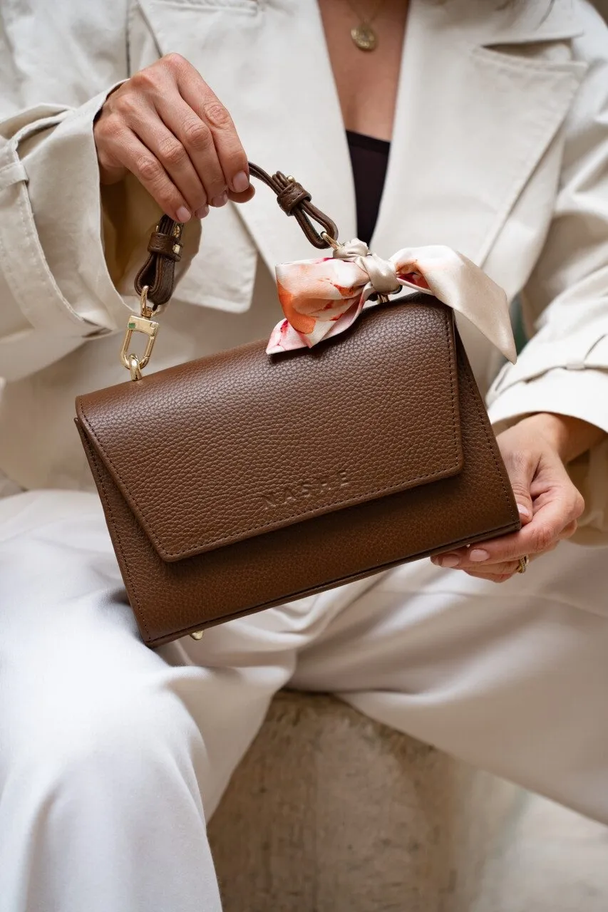 CANDY BAG - skórzana torebka - brąz orzechowy - wersja z jedwabną szarfą 78cm