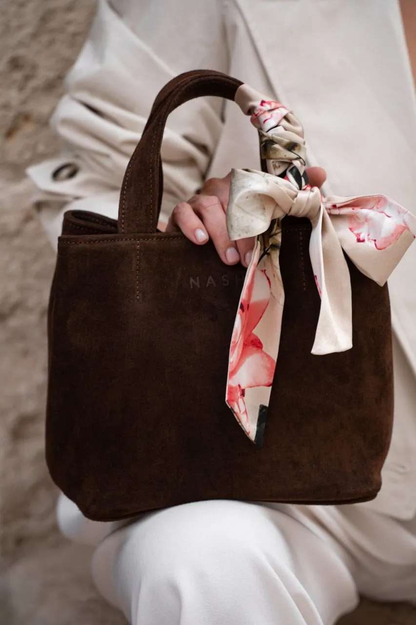 EASY BAG - skórzana torebka zamszowa - brąz - Wersja z jedwabną szarfą 138cm