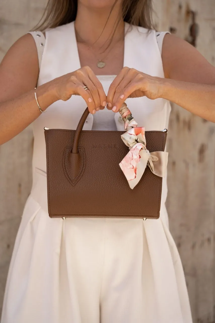 LADY BAG - skórzana torebka - brąz orzechowy - wersja z jedwabną szarfą 138cm