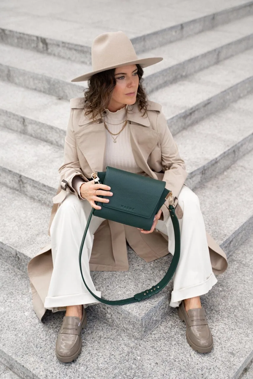 SWITCH BOX - skórzana torebka - zielona butelkowa - Srebro