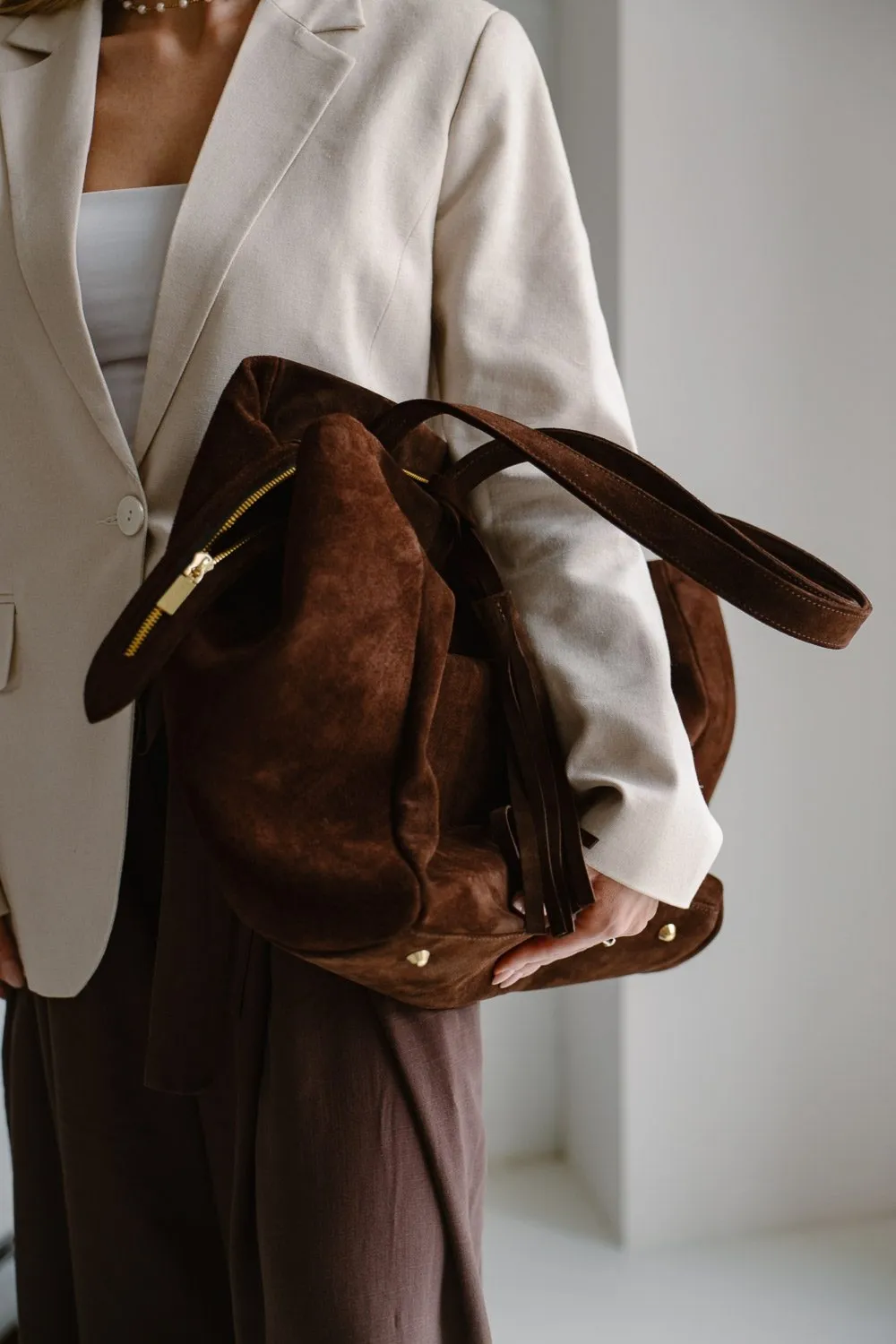 FOOTLOOSE bez frędzli - skórzana torebka szoperka - zamszowa - brąz