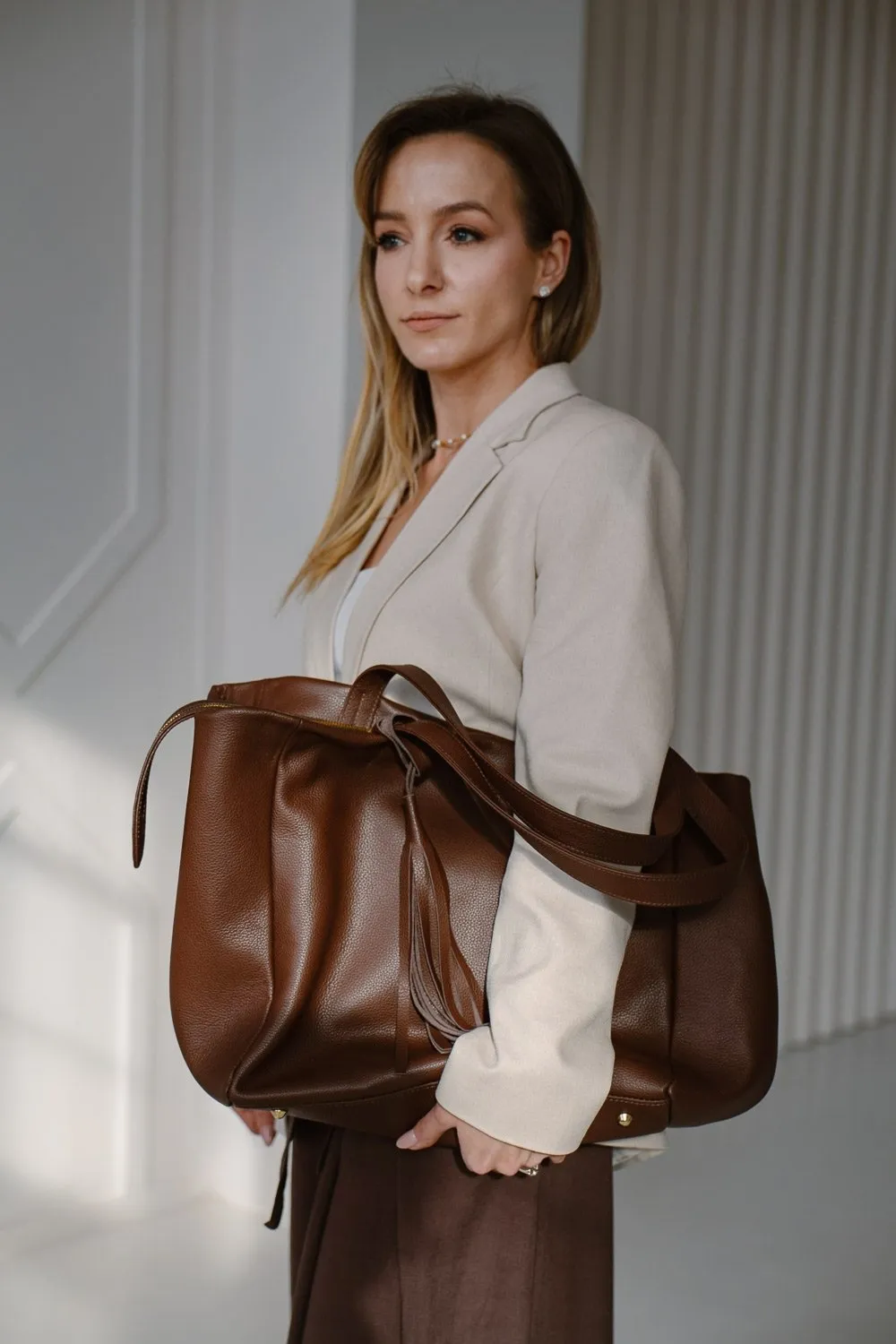 FOOTLOOSE bez frędzli - skórzana torebka szoperka - brąz klasyczny