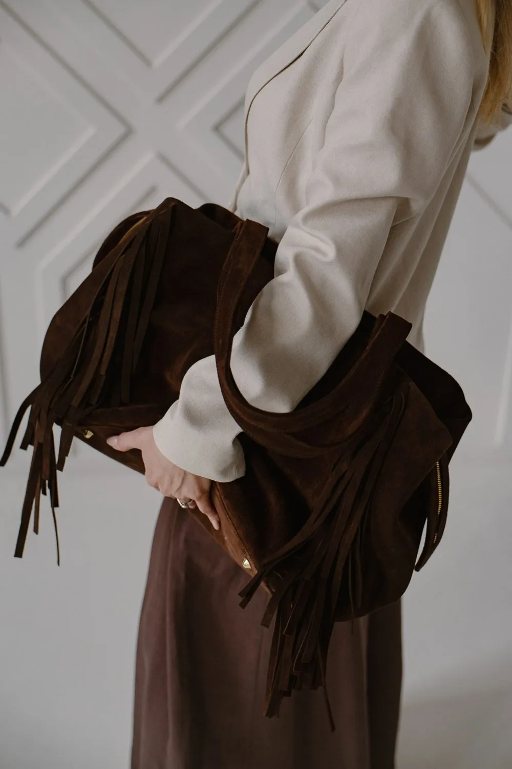 FOOTLOOSE - skórzana torebka szoperka - zamszowa - brąz