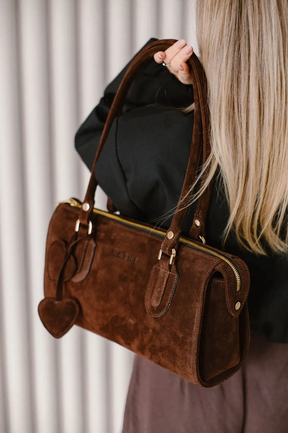 PERFECT BAG - skórzana torebka - zamszowa - brąz