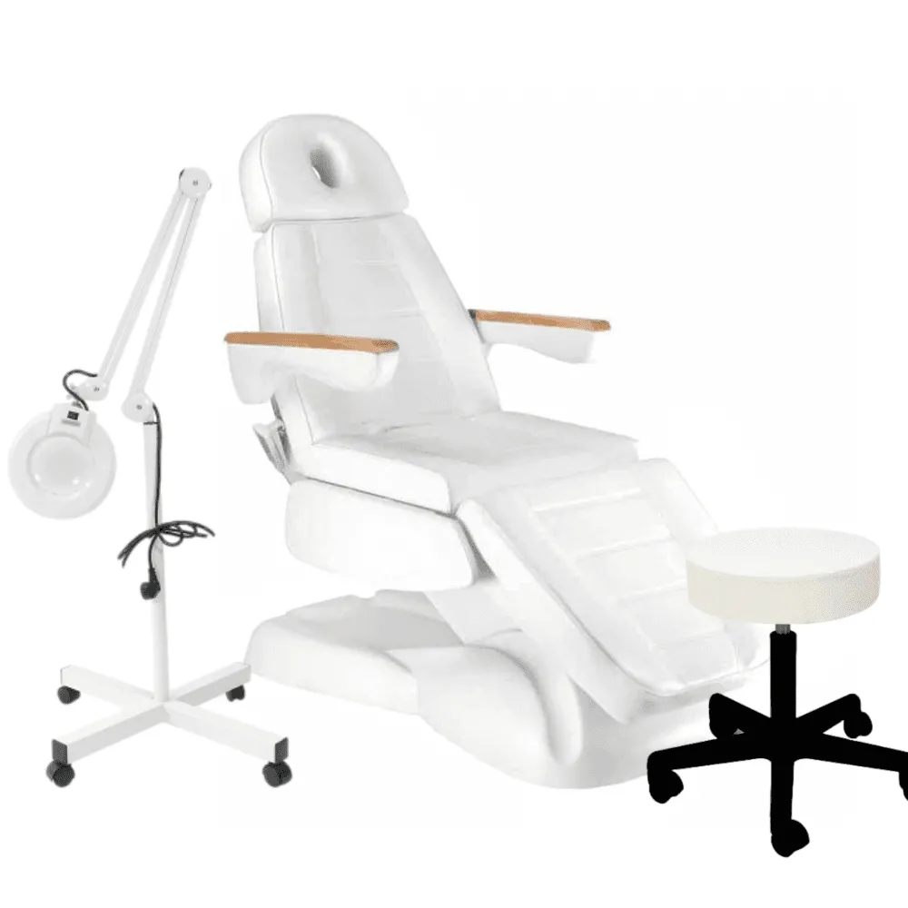 Zestaw mebli kosmetycznych: fotel elektryczny LUX 3 + lampa lupa + taboret