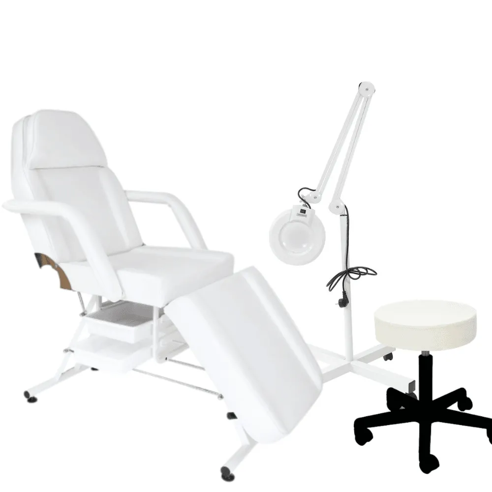 Fotel z kuwetami biały+taboret+lampa lupa - BASIC