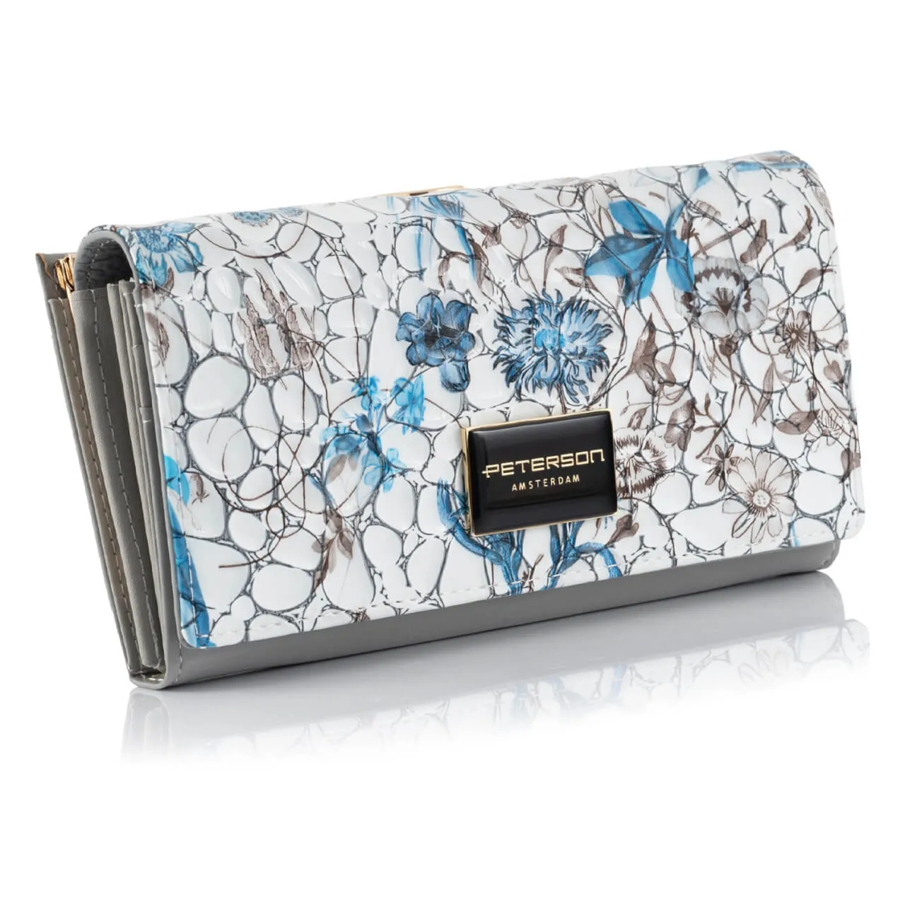 Duży portfel damski malowany w kwiaty PETERSON PH24 - niebieski