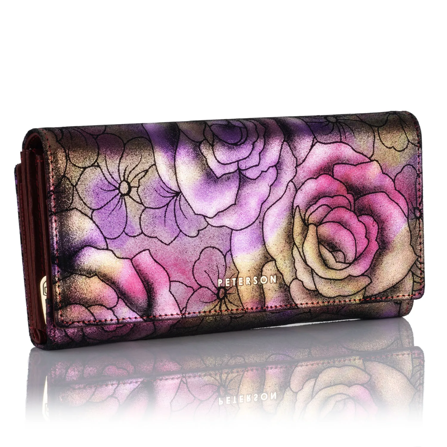 Duży Portfel Damski Kwiaty PETERSON 42100 z RFID - fioletowy
