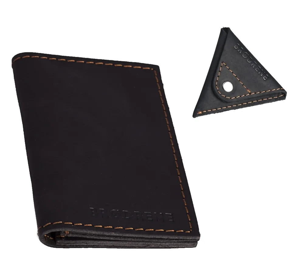 Skórzany Cienki Portfel Slim Wallet Brodrene + Bilonówka SW03+CW - czarnybrąz