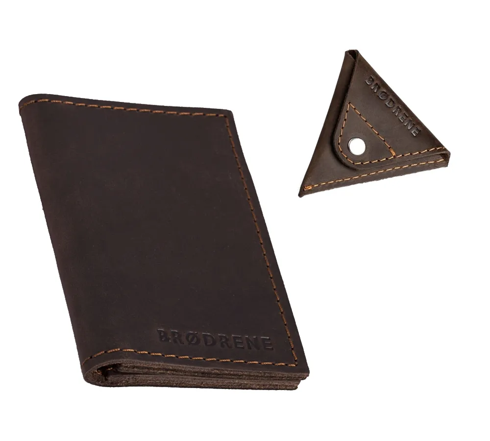 Skórzany Cienki Portfel Slim Wallet Brodrene + Bilonówka SW03+CW - brąz